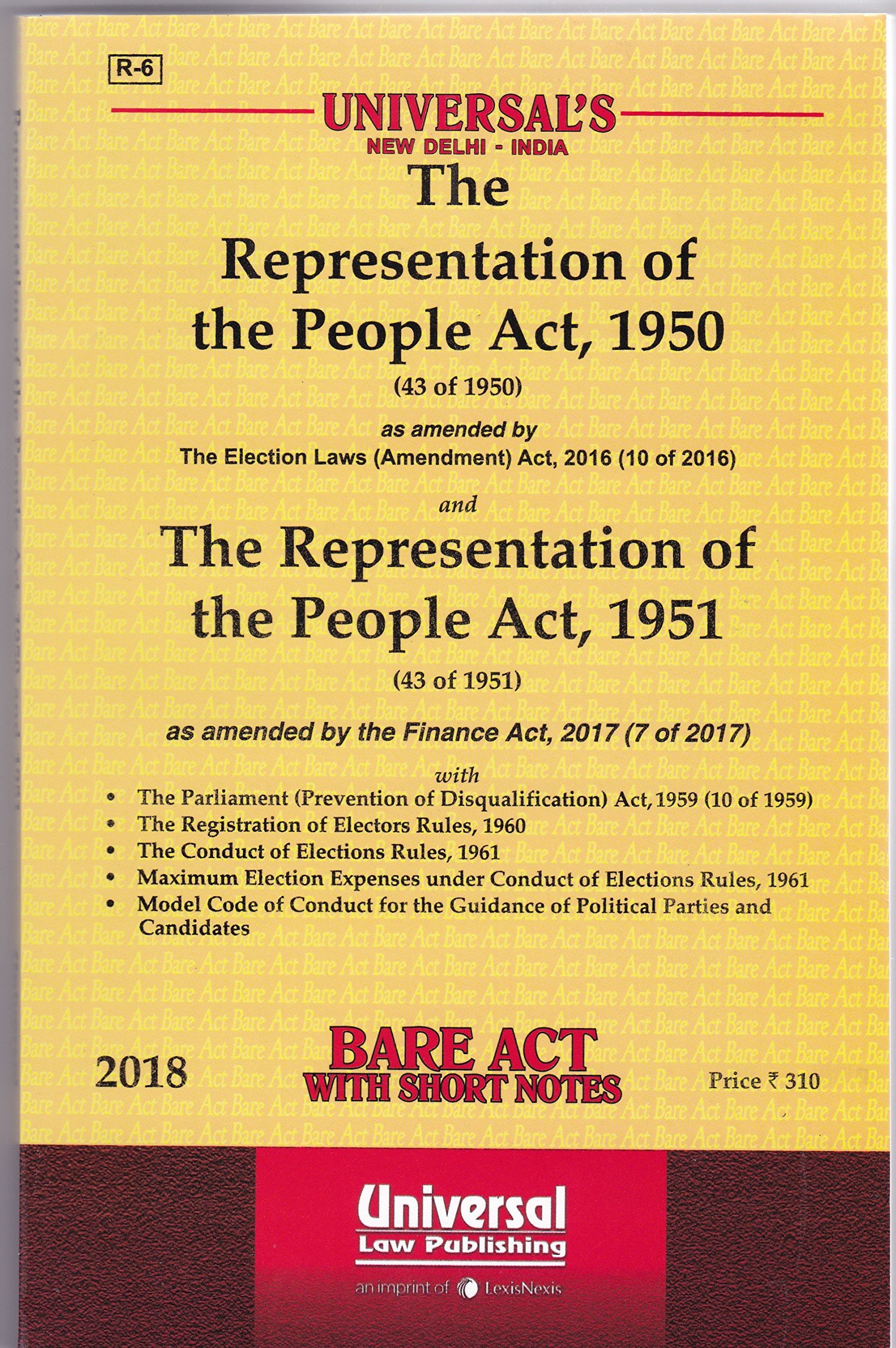 Cover Representation of the People Act, 1950 - 1951 / Edited by Bare Act