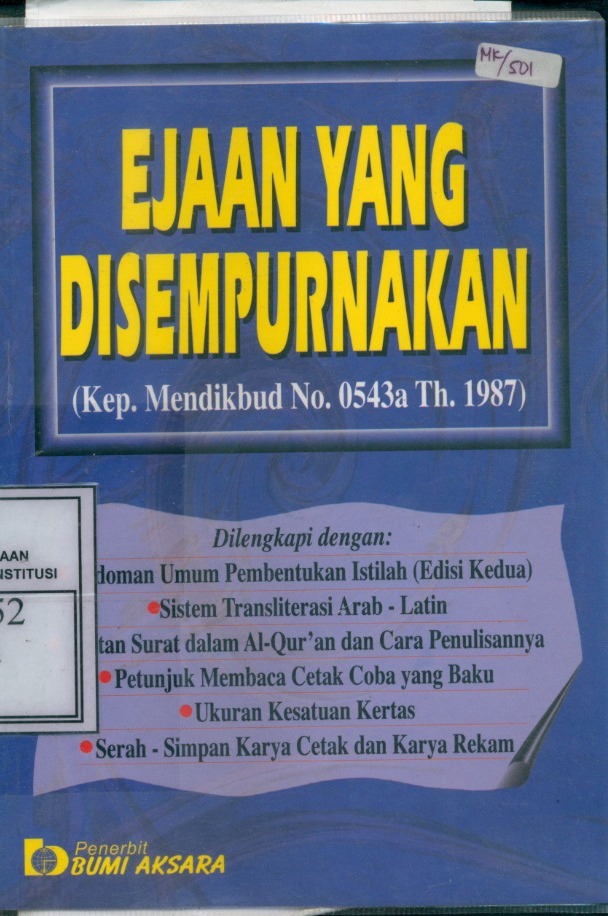 Cover Ejaan yang Disempurnakan :  (Kep. Mendikbud No. 0543a Th.1987) / Tim EYD Nasional