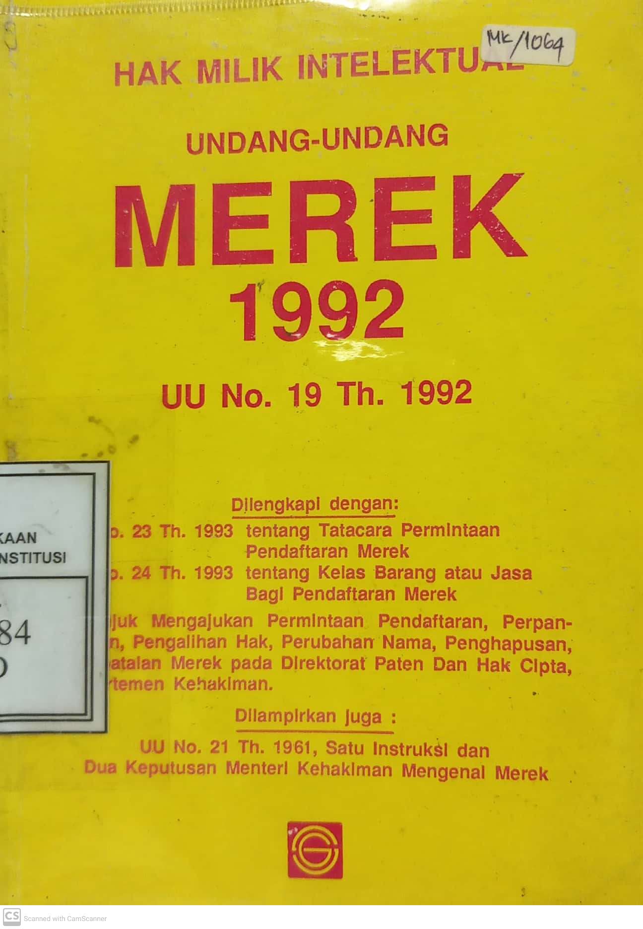 Cover Undang-Undang Merek 1992 : UU No. 19 Th. 1992