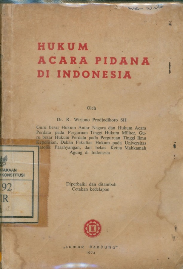 Cover Hukum Acara PIdana Di Indonesia / R. Wirjoyo Prodjodikoro